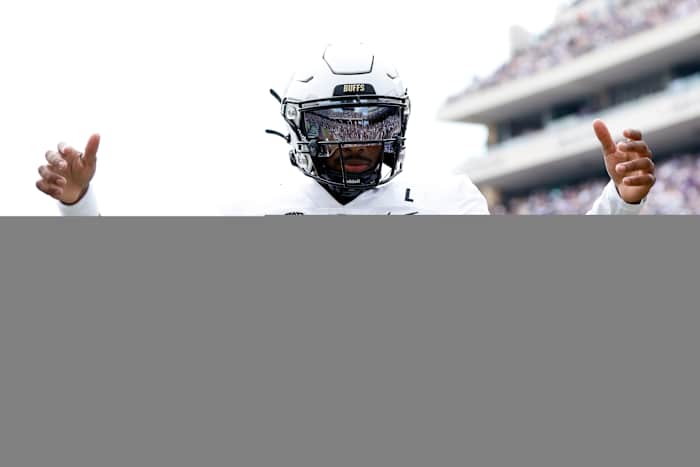 Colorado Buffaloes quarterback Shedeur Sanders (2) celebrates a touchdown in the first quarter against the TCU Horned Frogs at Amon G. Carter Stadium